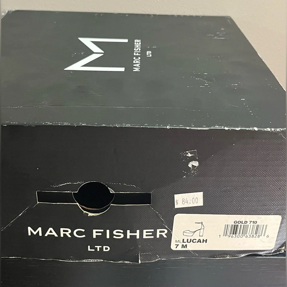 New in Box Marc Fisher Women’s Shiny Gold Platform Heels Size 7. - Picture 8 of 9